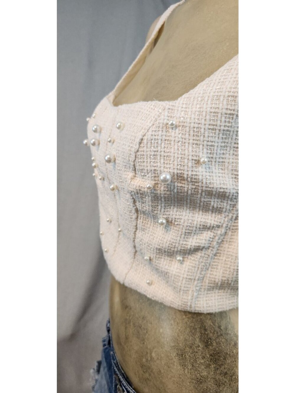 Altar'D State Ivory Cropped Beaded Tank Top Cami Camisole LARGE Womens NEW - Picture 6 of 7